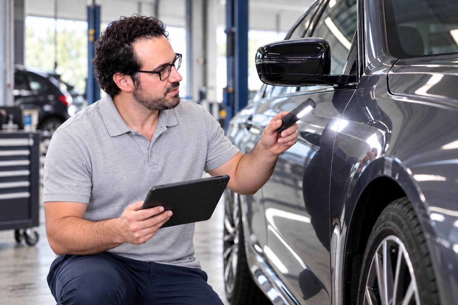Ein Mann untersucht mit einer Leuchte die vordere Seitenwand eines grauen Autos und hält ein Tablet.